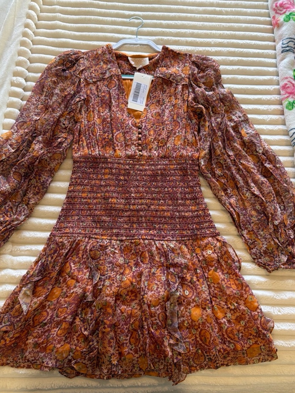 Rococo Sand Floral Paisley Smocked Waist Long Sleeve Dress in Rust and Mustard